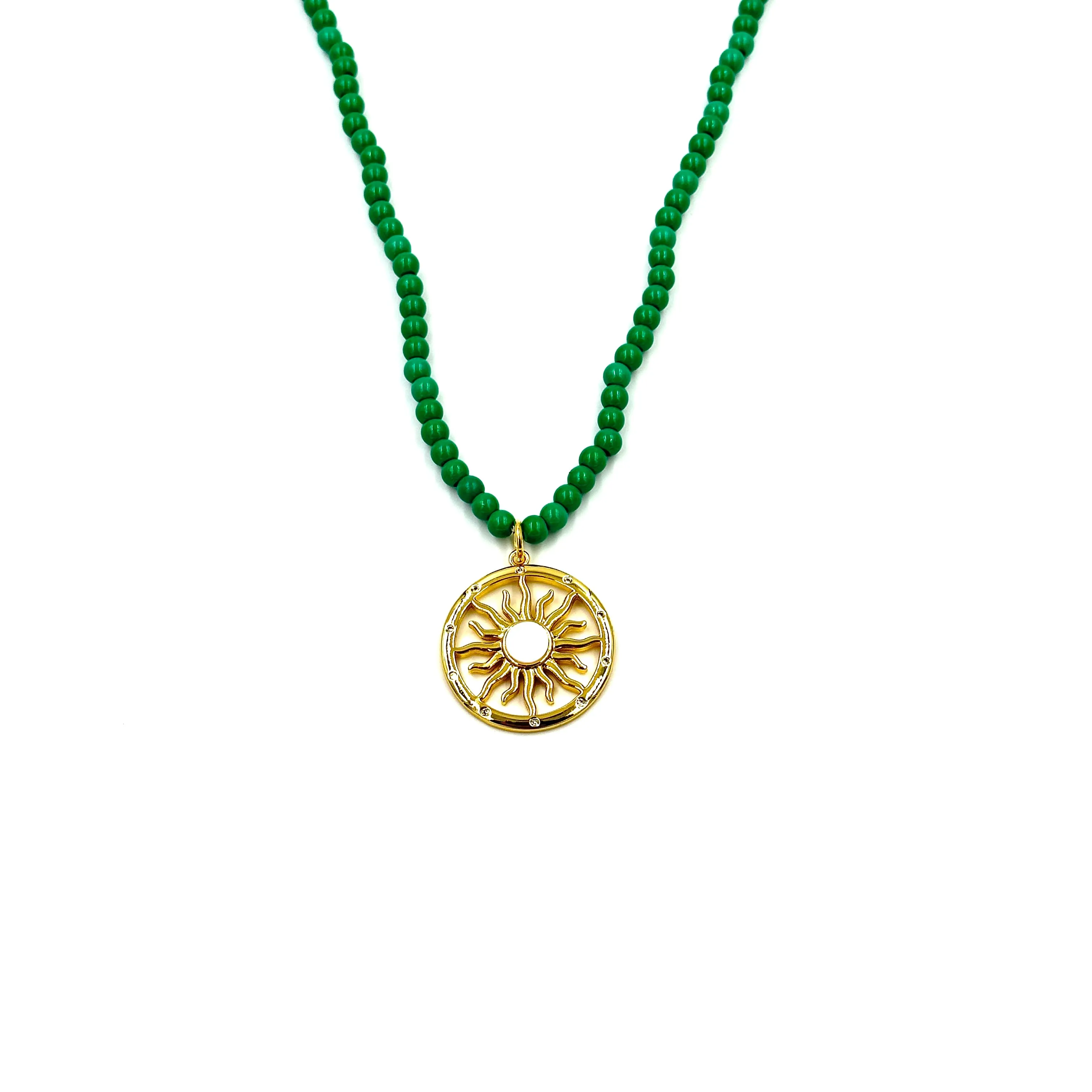 Ashley Gold Stainless Steel Gold Plated Starburst Pendant Green 4mm Beaded Necklace