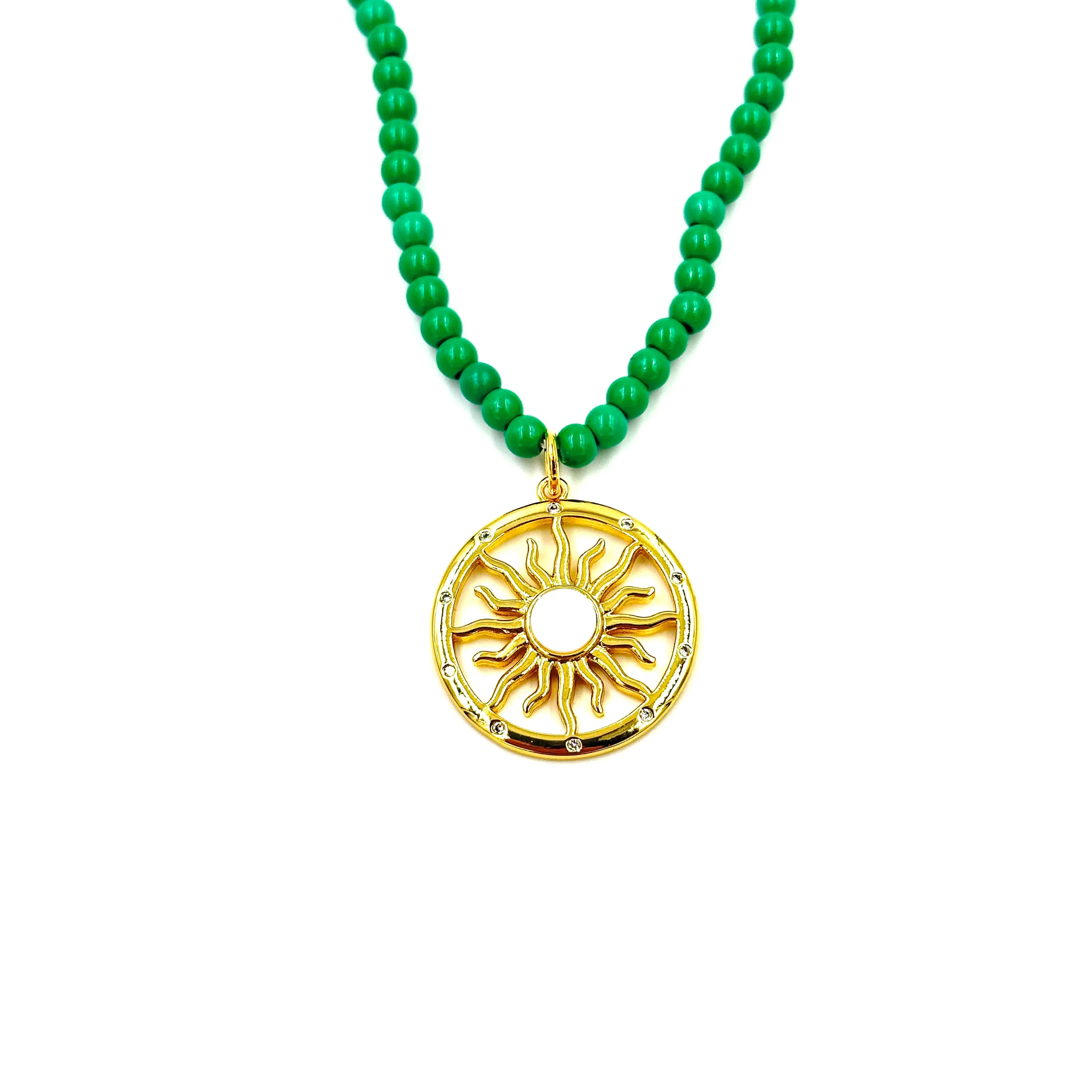 Ashley Gold Stainless Steel Gold Plated Starburst Pendant Green 4mm Beaded Necklace