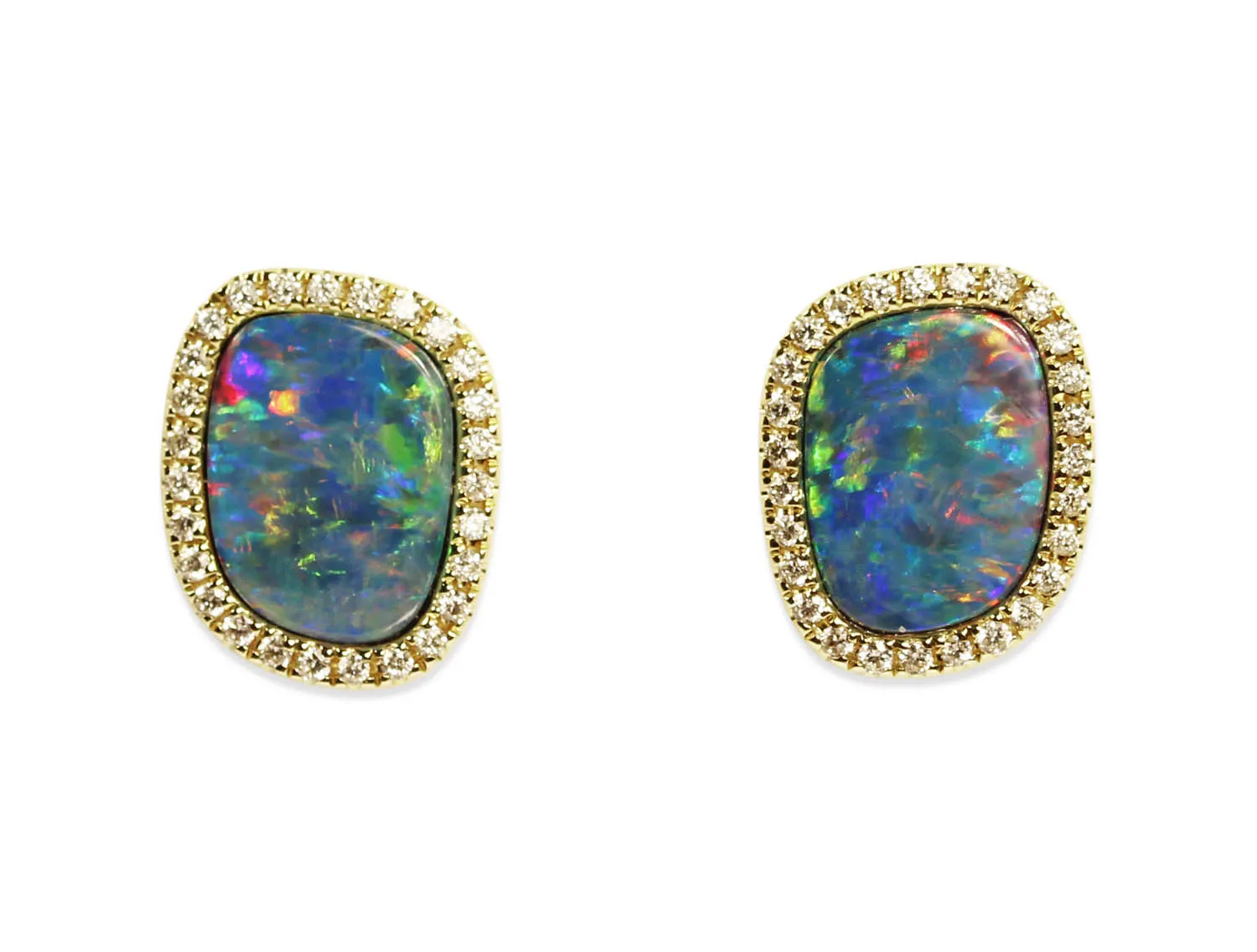 Australian Opal Doublet and Diamond Stud Earrings in 14K Yellow Gold