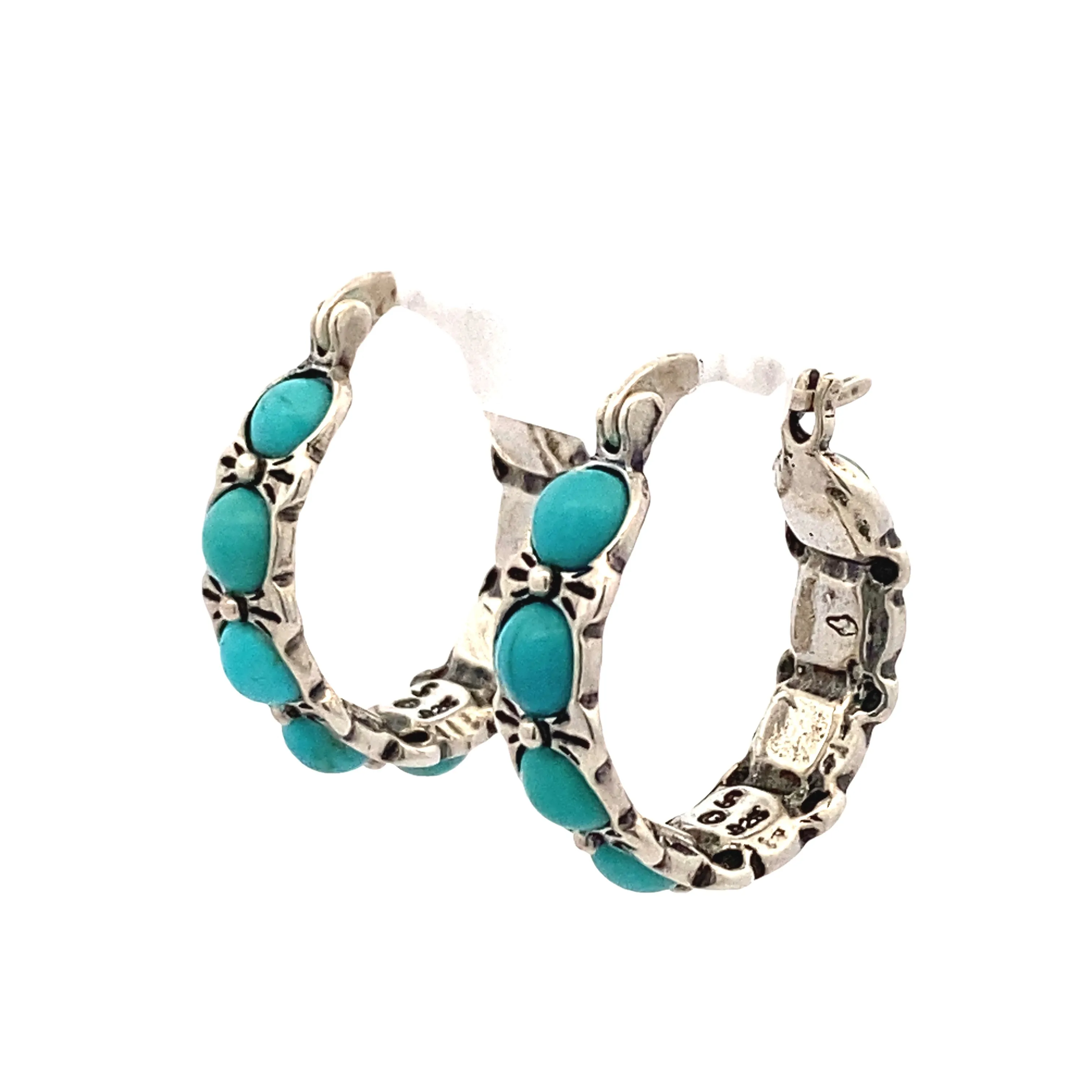 BCJ Estate Jewelry Silver Turquoise Hoop Earrings