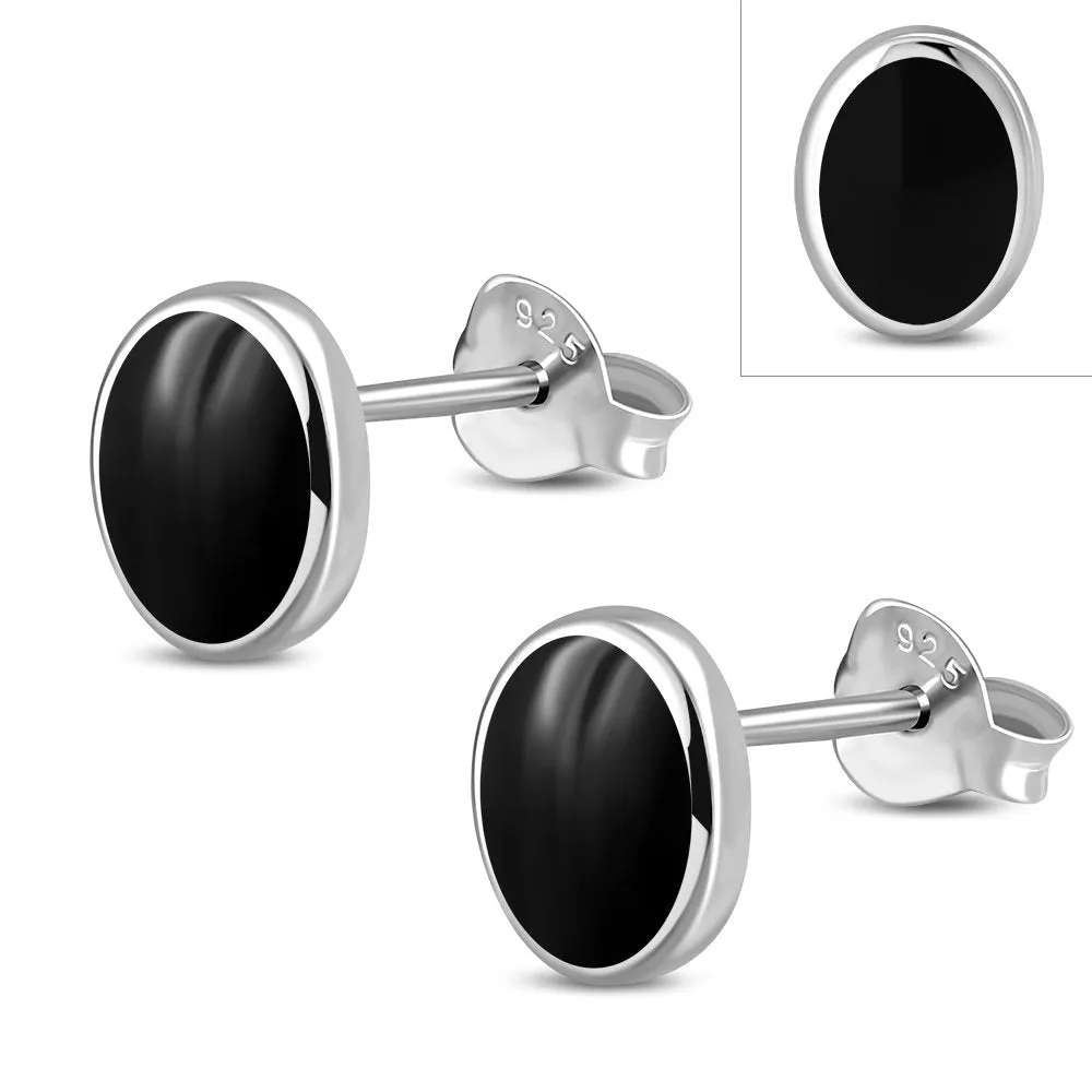 Black Onyx Oval Stud Silver Earrings