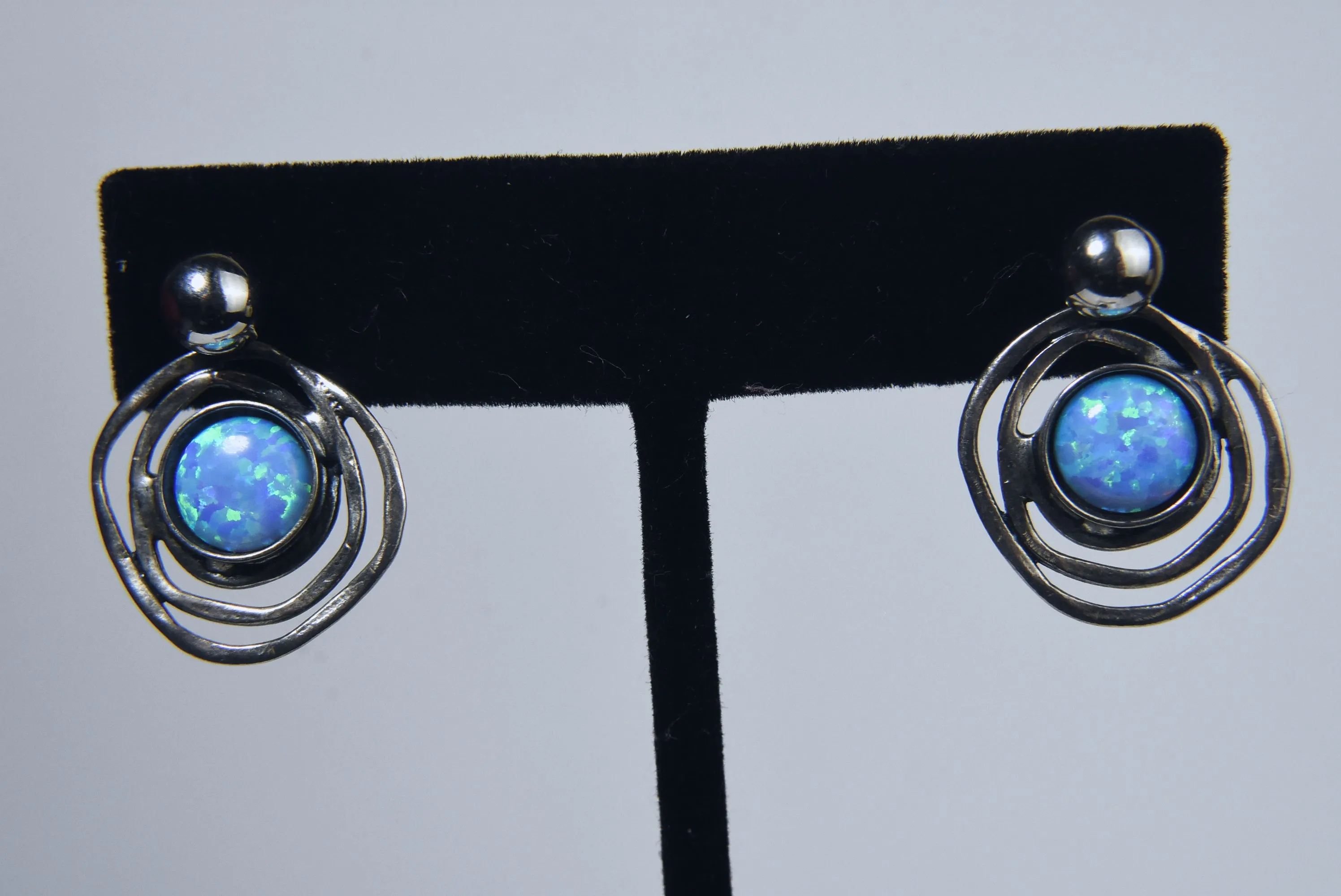 Blue Opal Doublet Sterling Silver Abstract Israeli Earrings