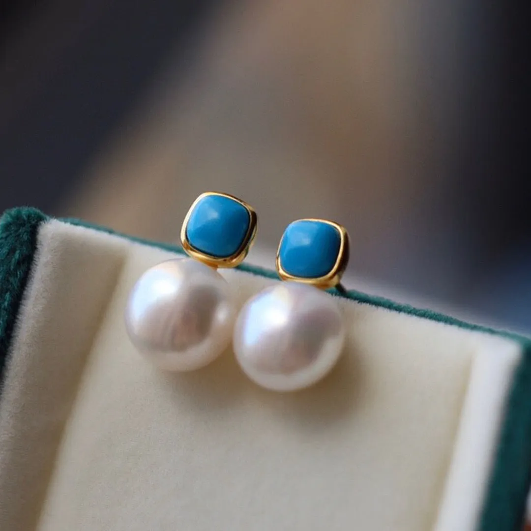 Blue Turquoise and Pearl Stud Earrings