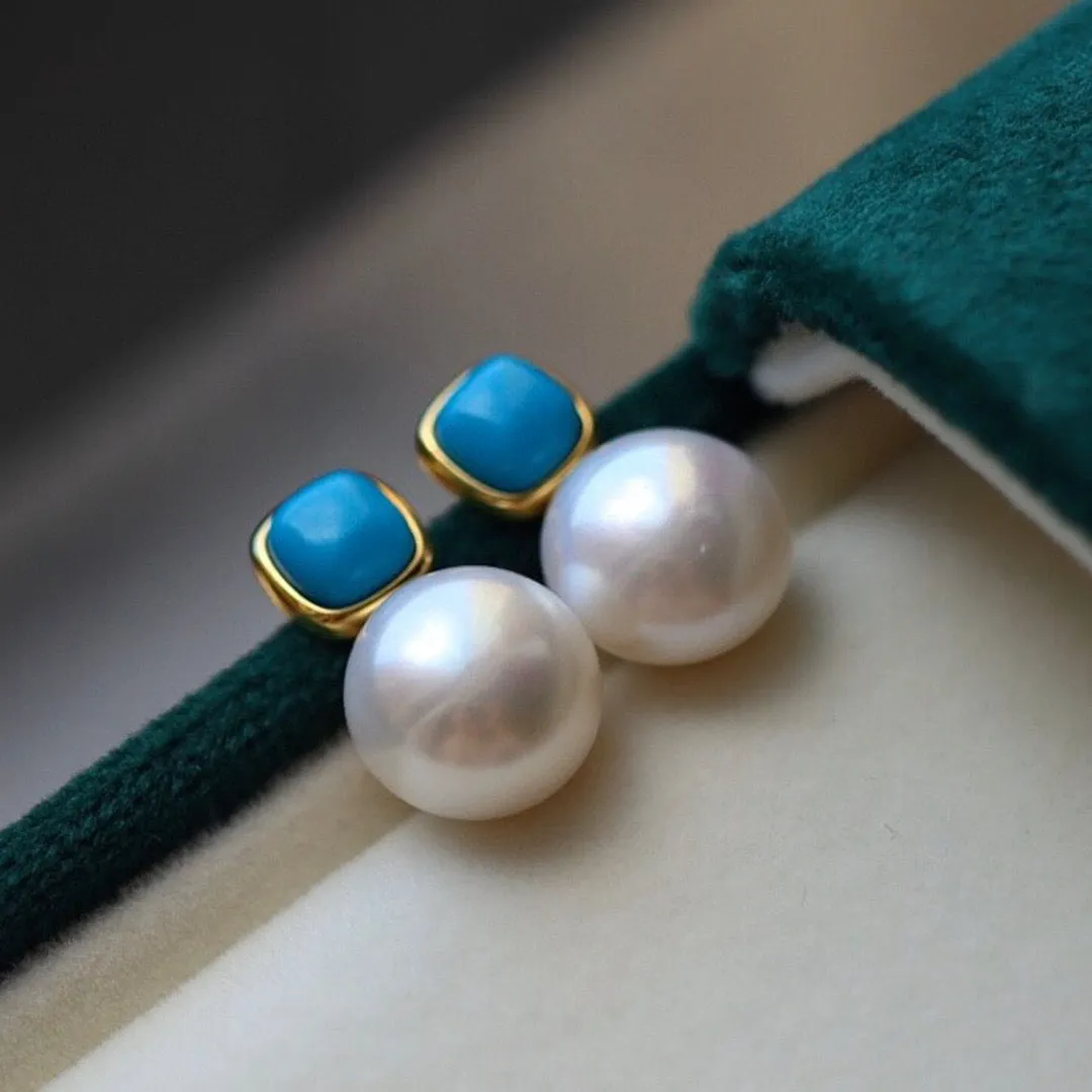 Blue Turquoise and Pearl Stud Earrings