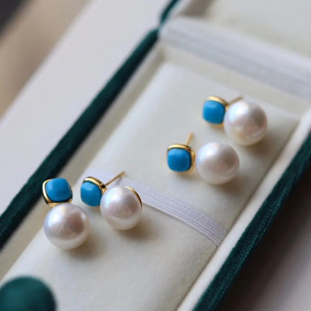 Blue Turquoise and Pearl Stud Earrings