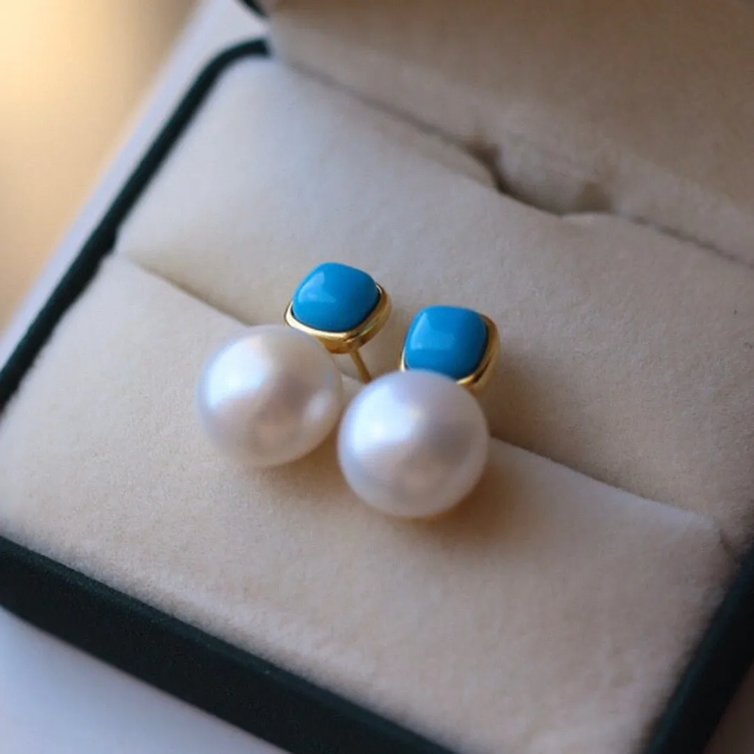 Blue Turquoise and Pearl Stud Earrings