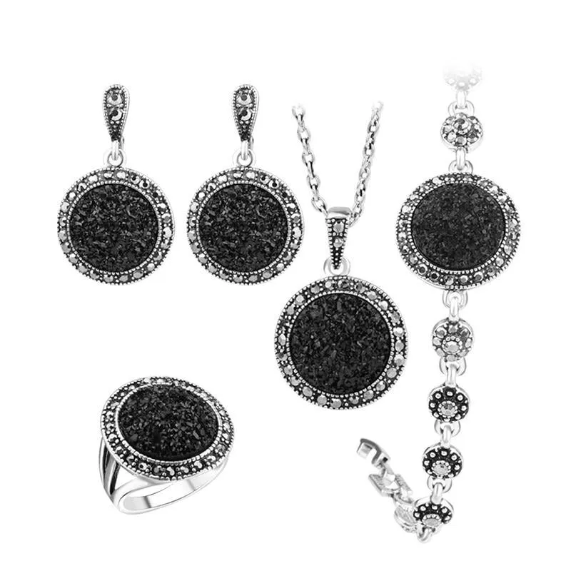 Bohemia Jewelry 4pcs/Lot Black Broken Stone Jewelry Set for a Friend with Zircon in Silver Color