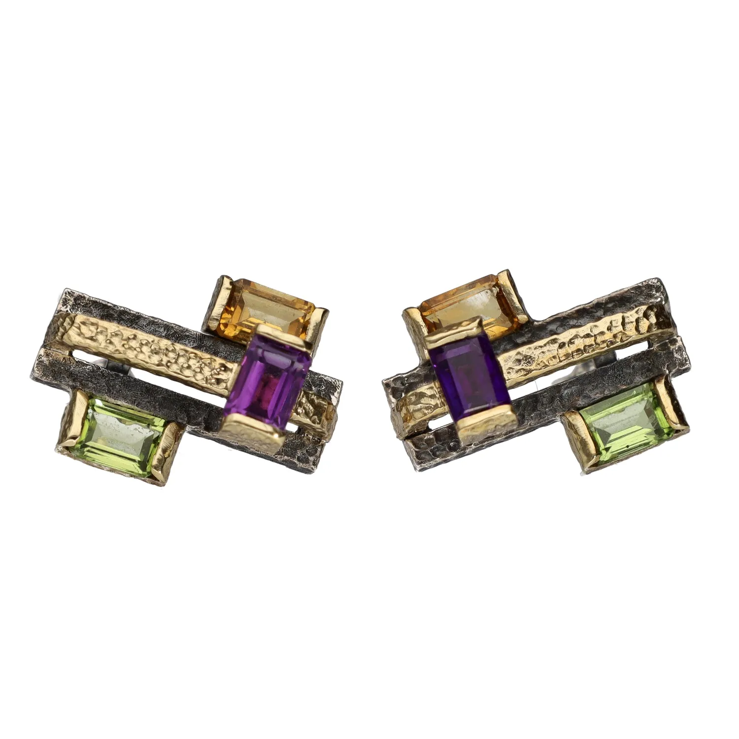 Bora Jewelry of Brooklyn Oxidized Sterling & Bronze Earrings: Two of Citrine, Peridot, & Amethyst