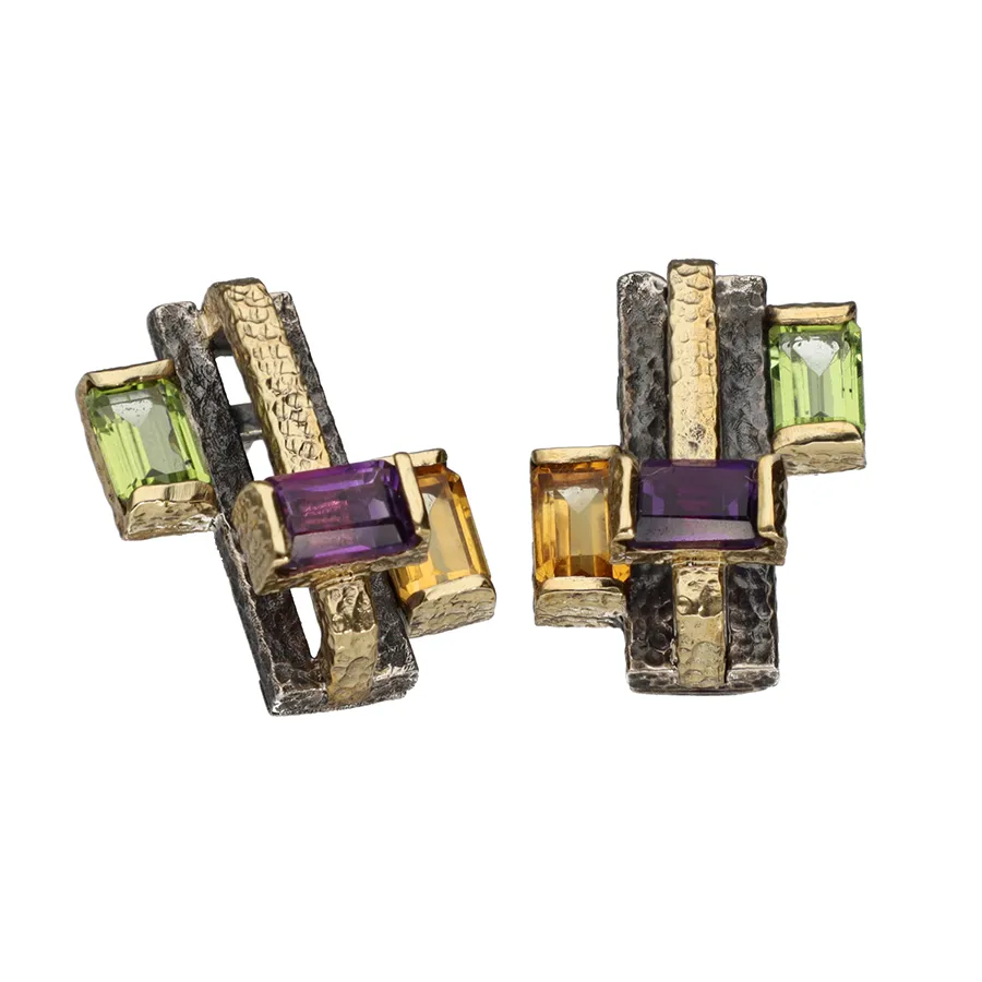 Bora Jewelry of Brooklyn Oxidized Sterling & Bronze Earrings: Two of Citrine, Peridot, & Amethyst