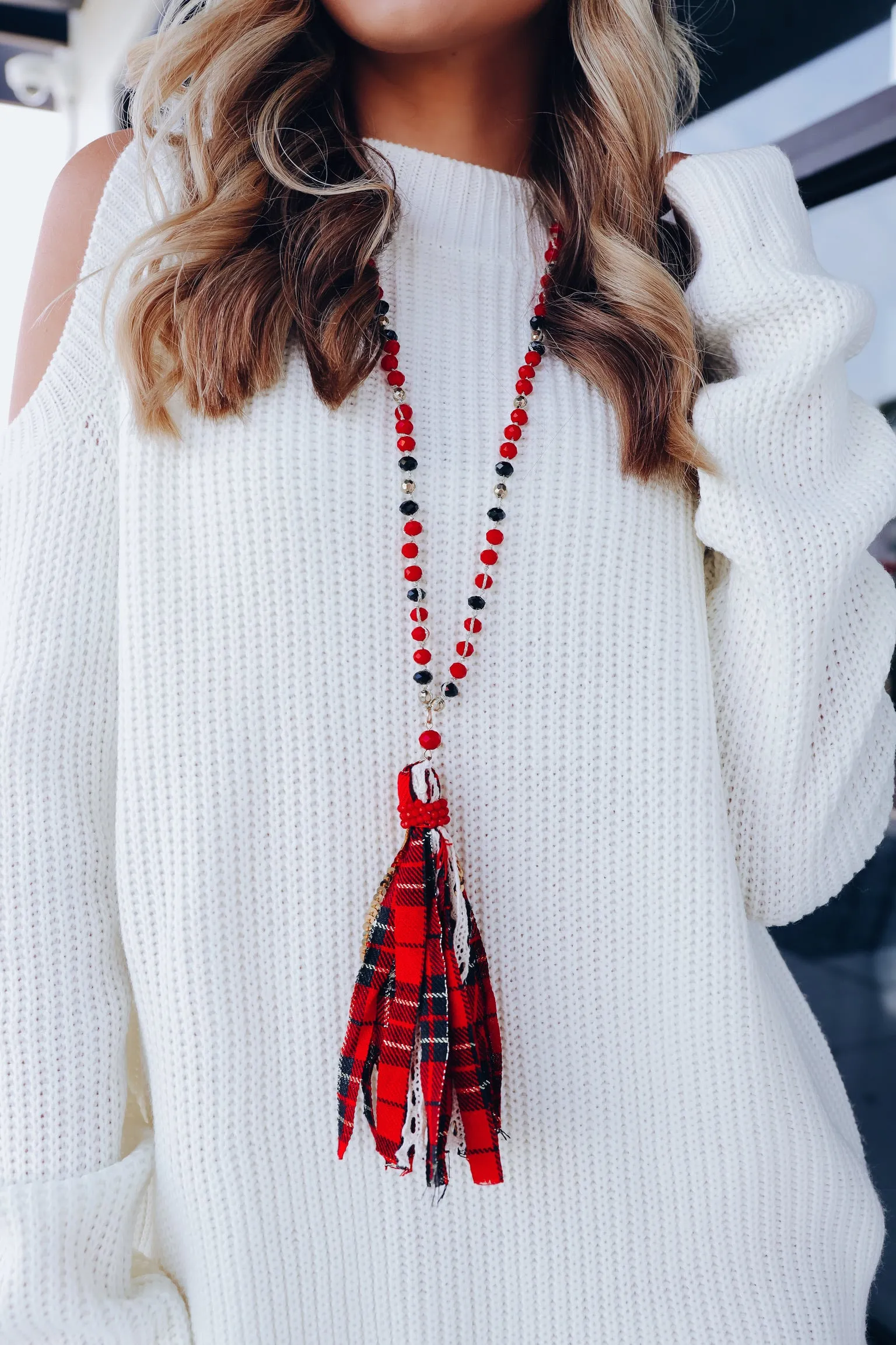 Buffalo Plaid Tassel Statement Necklace and Earring Set - Red