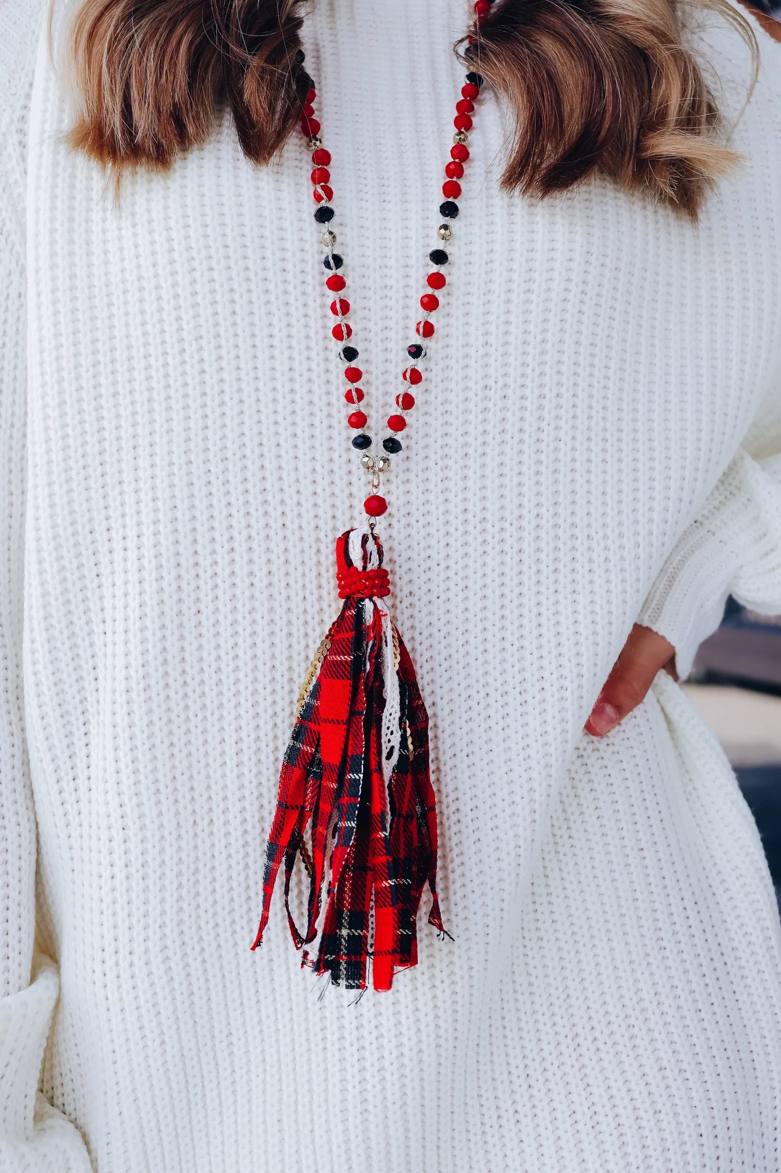 Buffalo Plaid Tassel Statement Necklace and Earring Set - Red