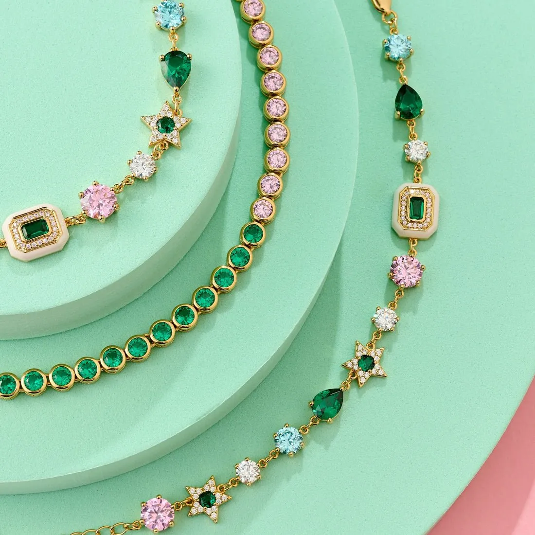 Celeste Cluster Bracelet Blush Pink Enamel, Ice Blue, Emerald Green CZ and Gold