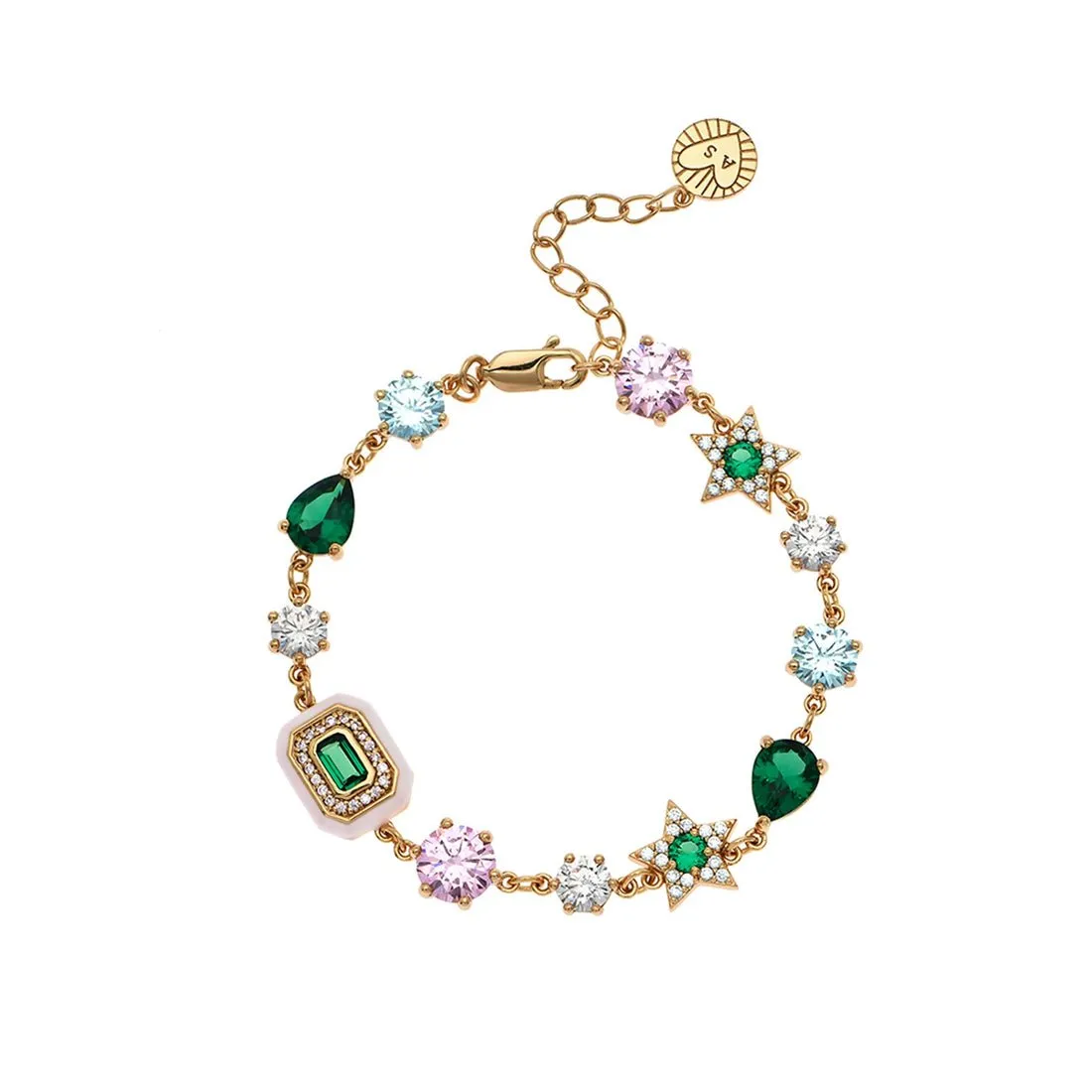 Celeste Cluster Bracelet Blush Pink Enamel, Ice Blue, Emerald Green CZ and Gold