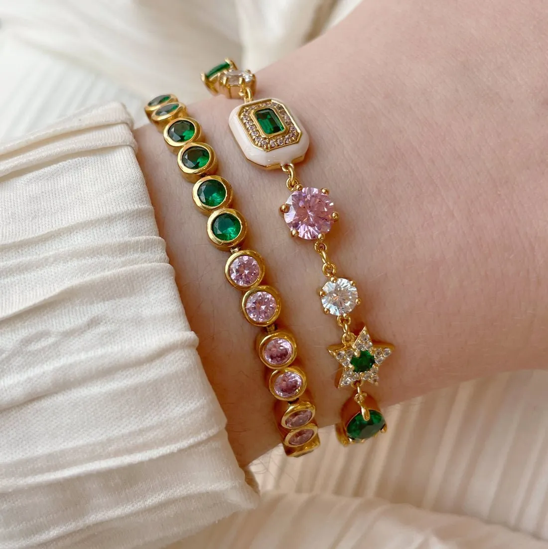 Celeste Cluster Bracelet Blush Pink Enamel, Ice Blue, Emerald Green CZ and Gold