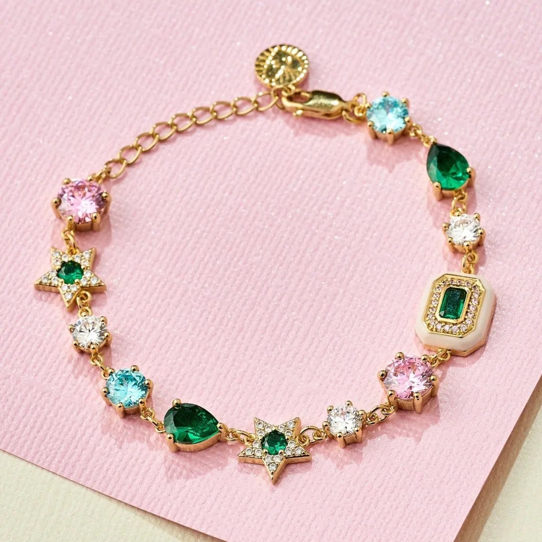 Celeste Cluster Bracelet Blush Pink Enamel, Ice Blue, Emerald Green CZ and Gold