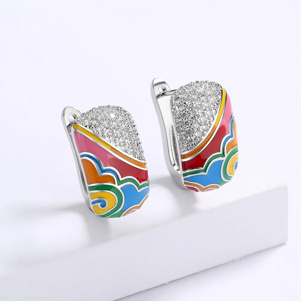 Chinese Style Moire Enamel Drop Earrings for Women with Zircon in 925 Sterling Silver