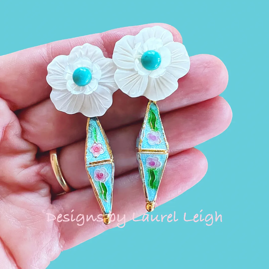 Cloisonné Floral Drop Earrings - Turquoise & Aqua