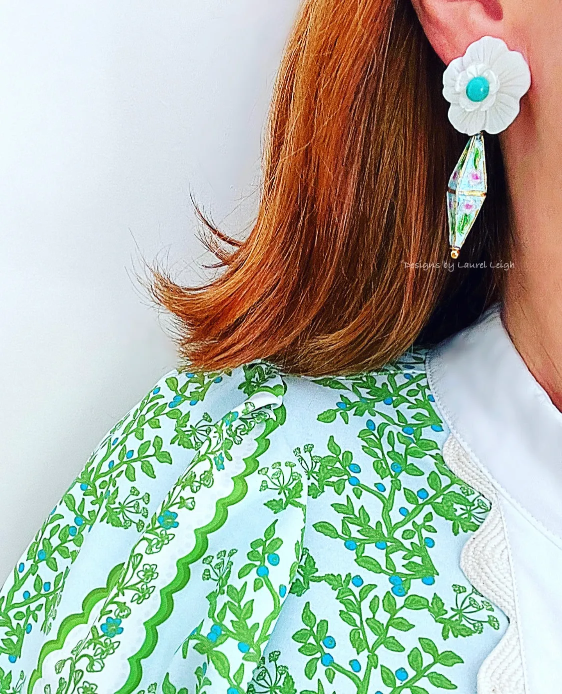 Cloisonné Floral Drop Earrings - Turquoise & Aqua