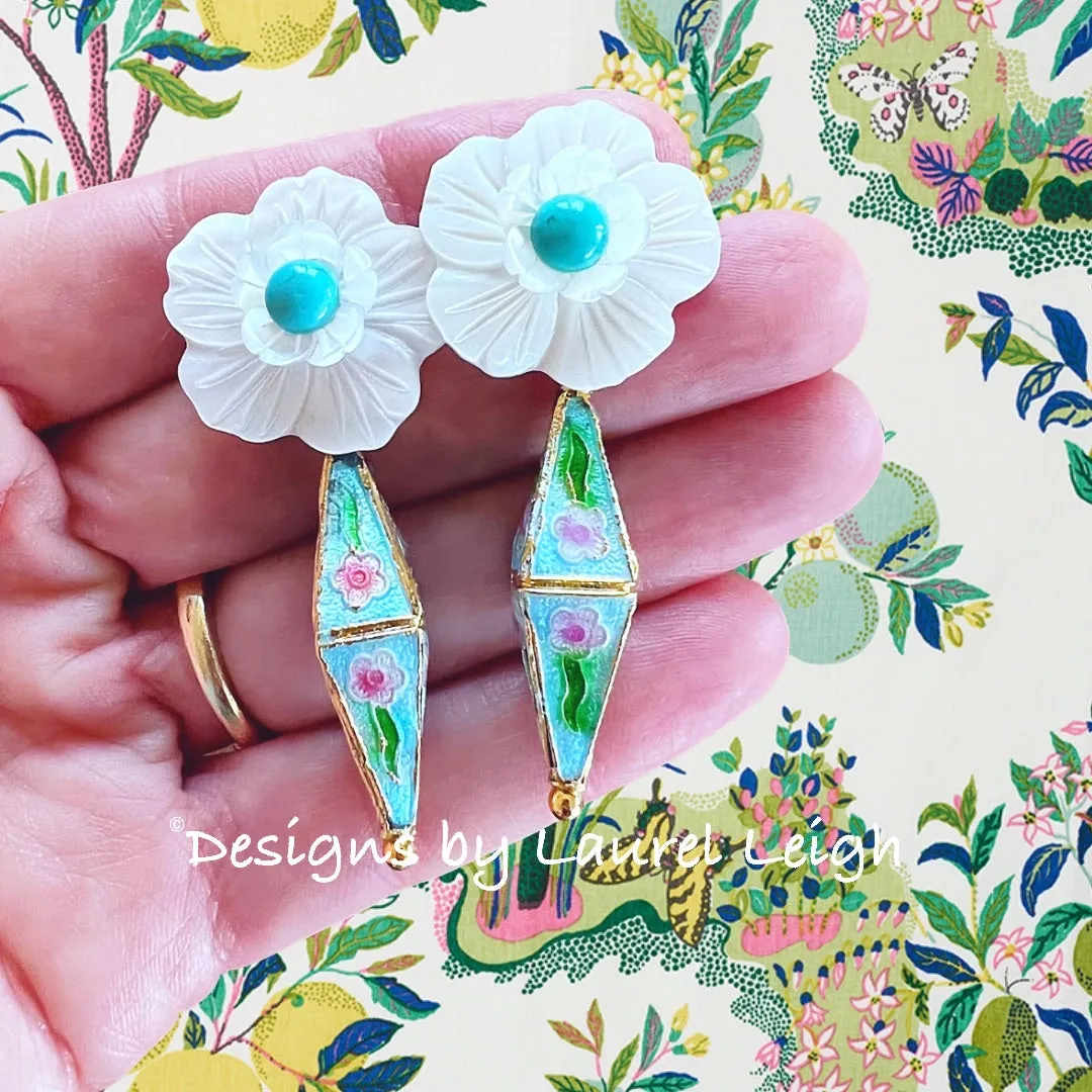 Cloisonné Floral Drop Earrings - Turquoise & Aqua