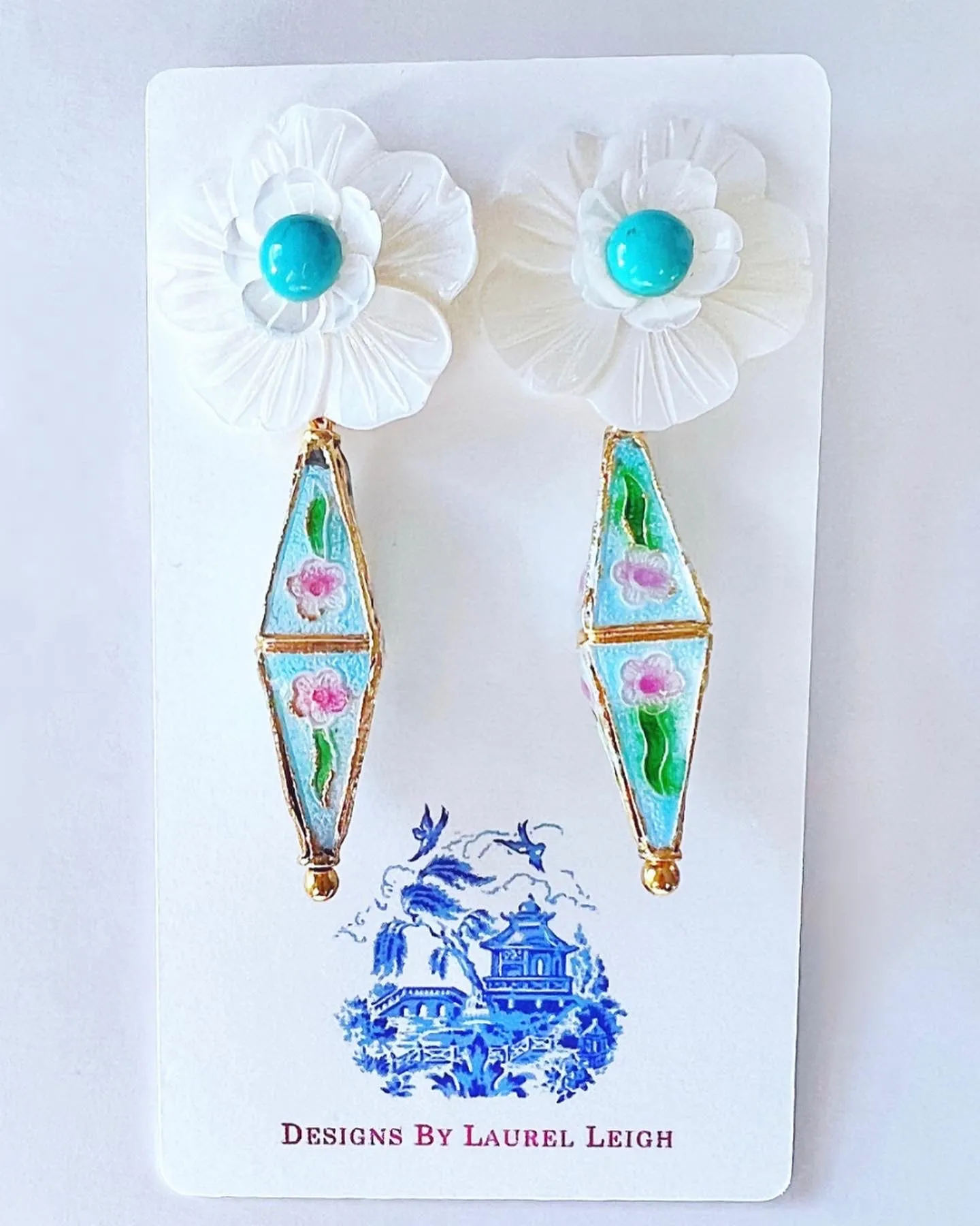 Cloisonné Floral Drop Earrings - Turquoise & Aqua