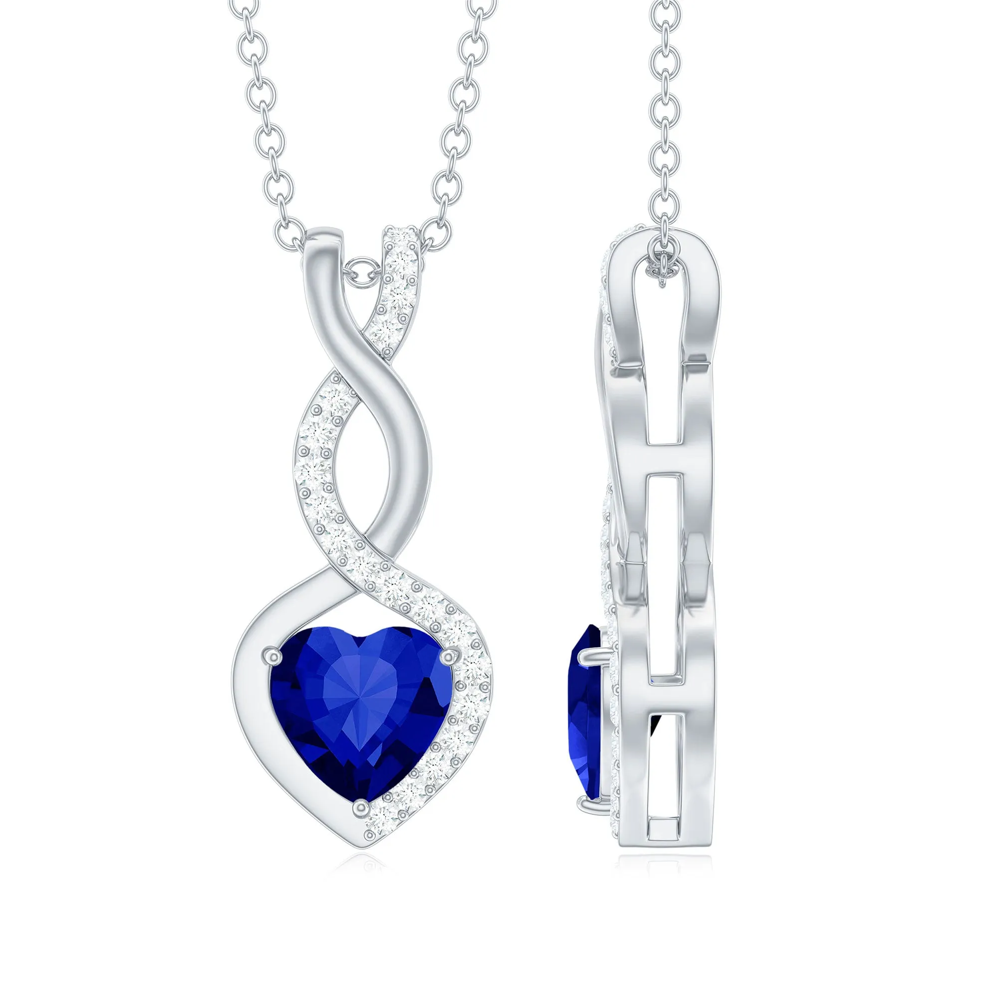 Created Blue Sapphire Infinity Heart Dangle Pendant with Moissanite