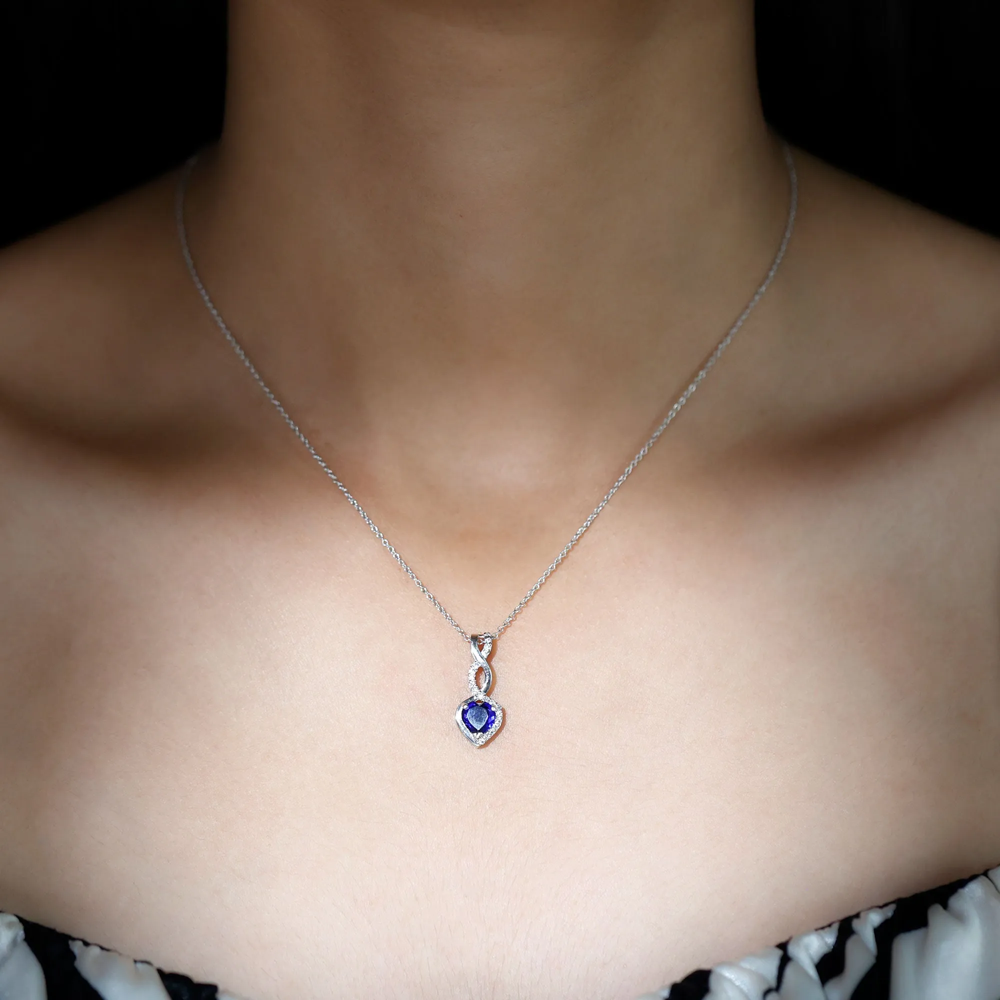 Created Blue Sapphire Infinity Heart Dangle Pendant with Moissanite