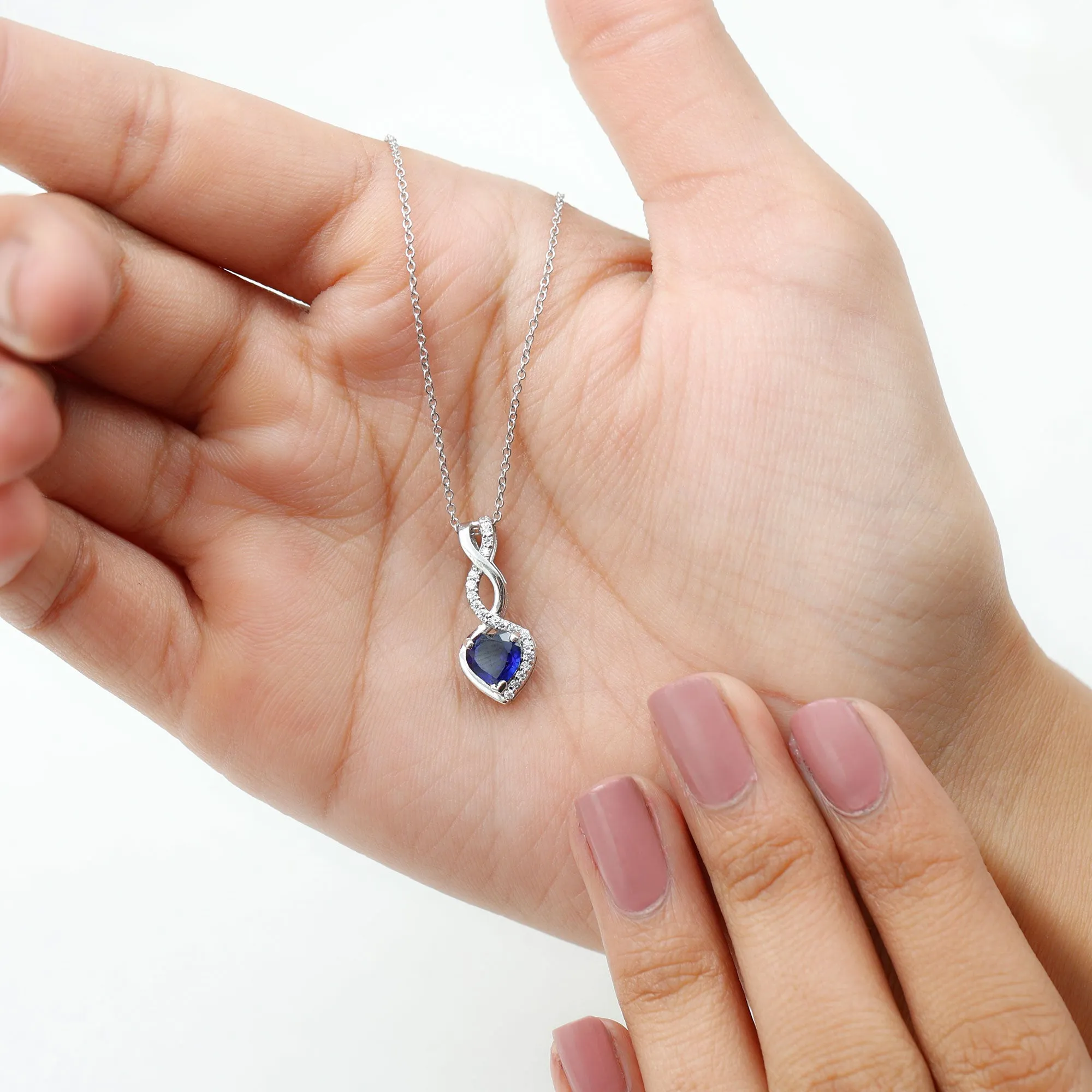 Created Blue Sapphire Infinity Heart Dangle Pendant with Moissanite