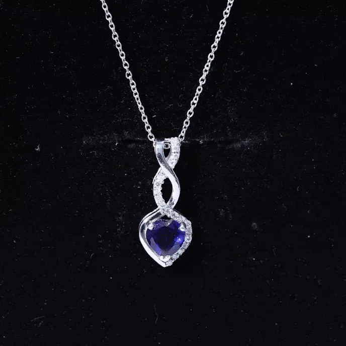 Created Blue Sapphire Infinity Heart Dangle Pendant with Moissanite