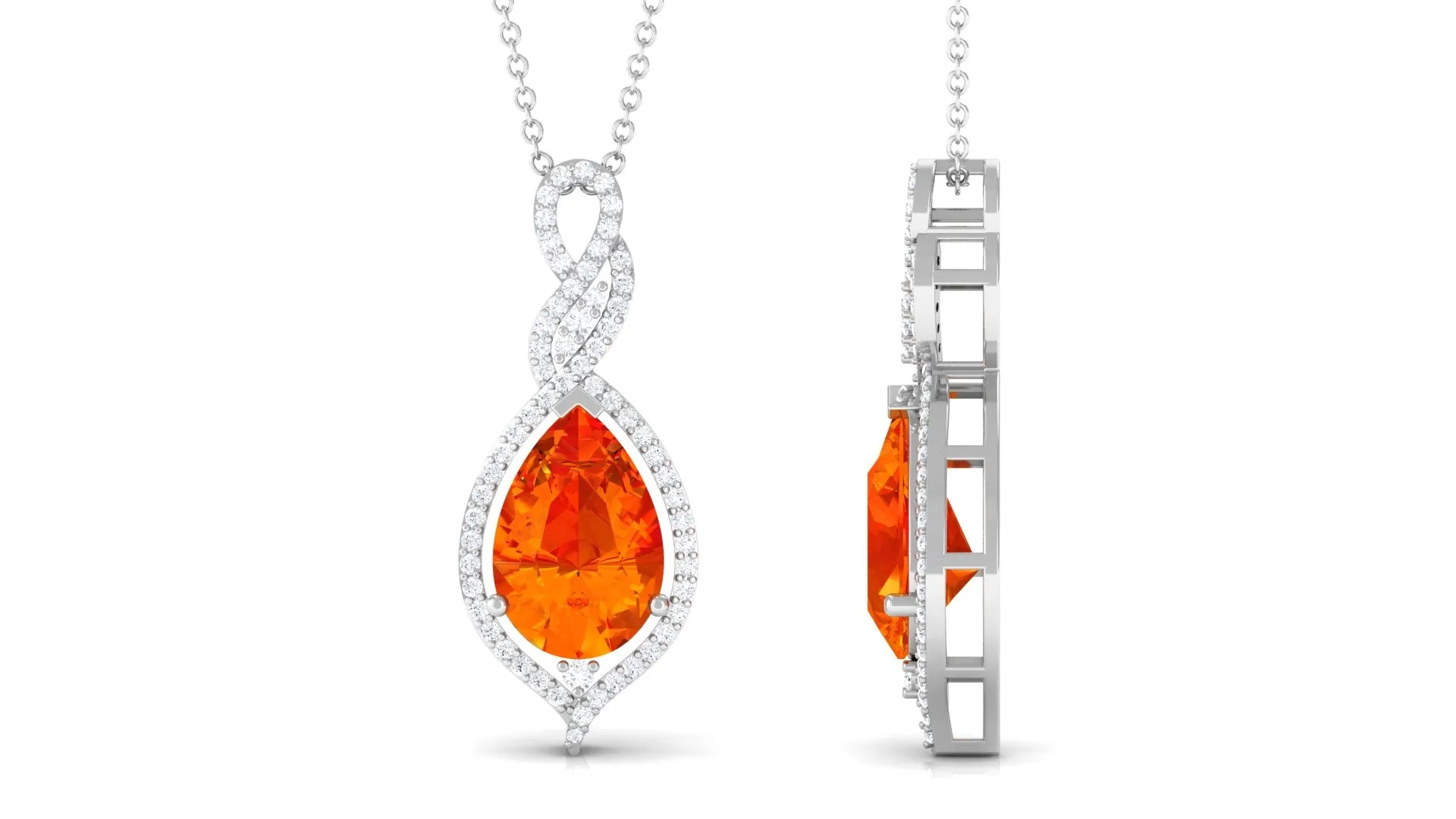 Created Orange Sapphire and Diamond Teardrop Dangle Pendant