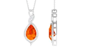 Created Orange Sapphire and Diamond Teardrop Dangle Pendant