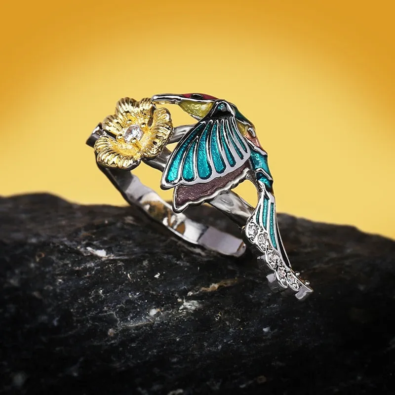 Creative Hummingbird and Flower Enamel Ring for Women with Zircon in Silver Color