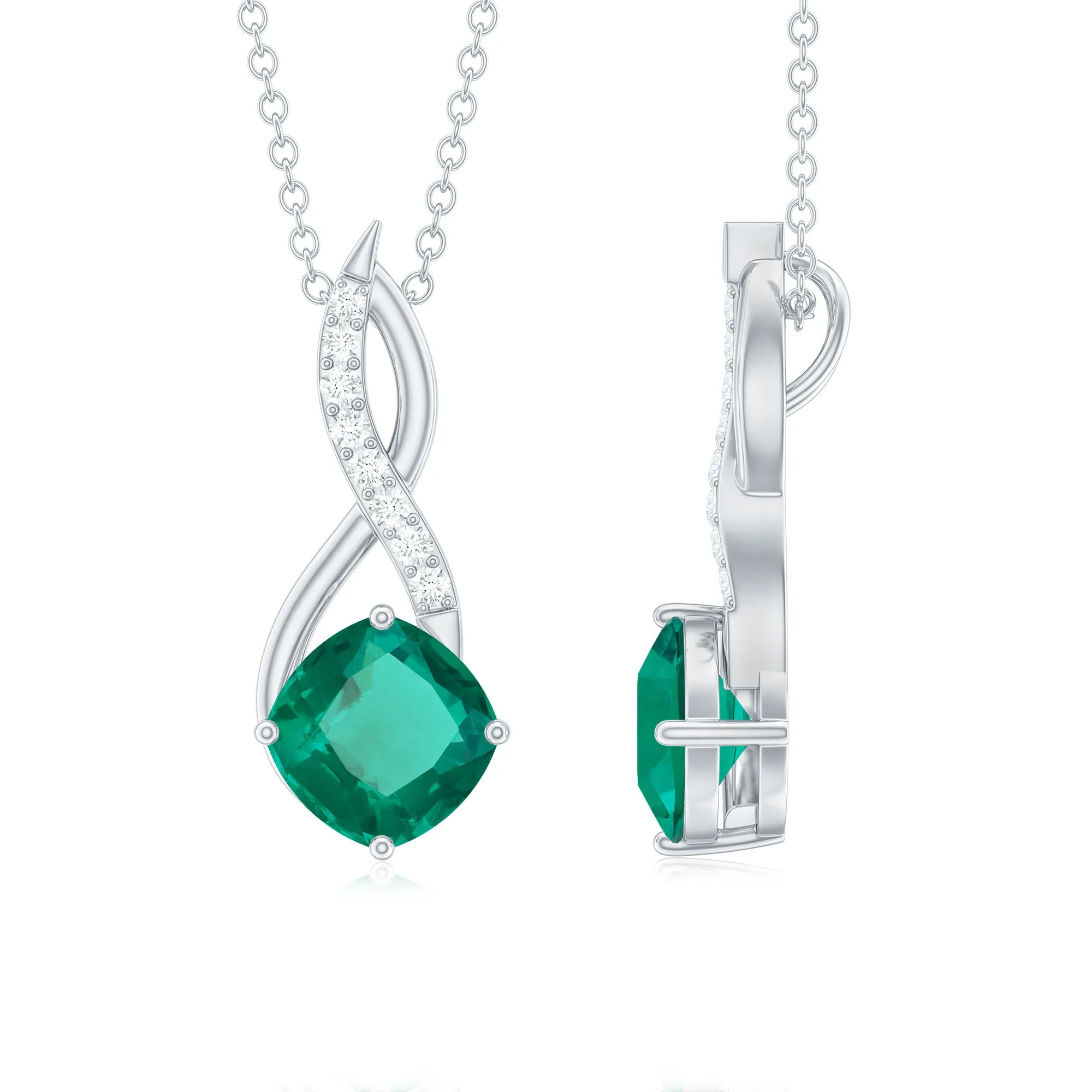 Cushion Cut Created Emerald Solitaire Silver Infinity Pendant with Moissanite