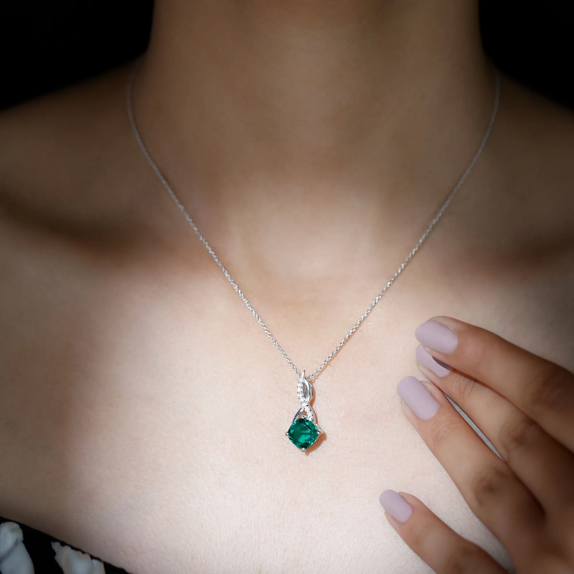 Cushion Cut Created Emerald Solitaire Silver Infinity Pendant with Moissanite