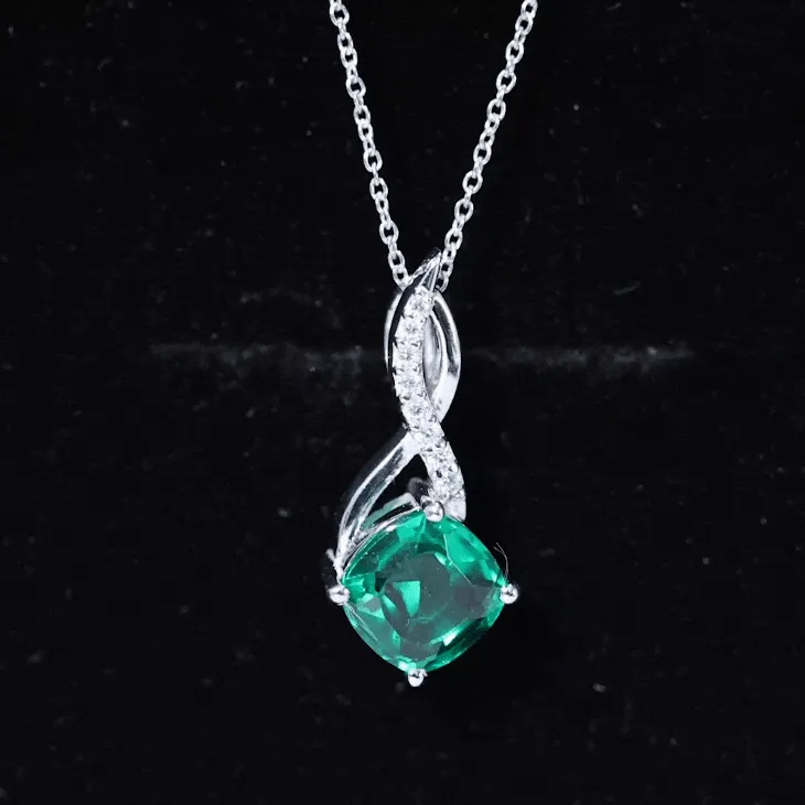 Cushion Cut Created Emerald Solitaire Silver Infinity Pendant with Moissanite