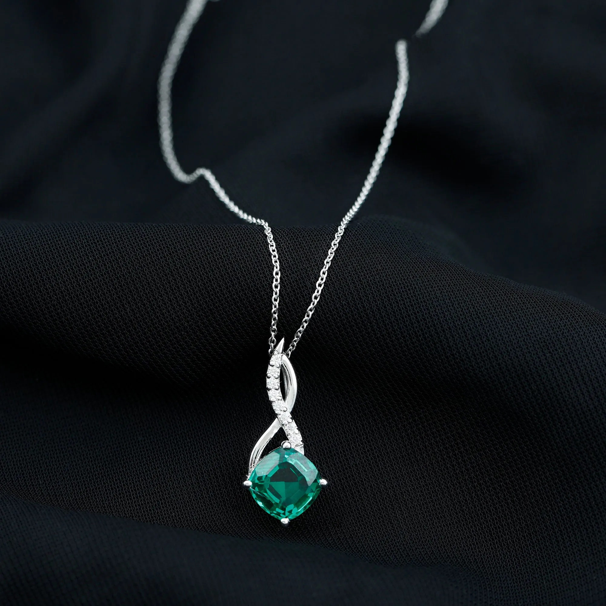 Cushion Cut Created Emerald Solitaire Silver Infinity Pendant with Moissanite