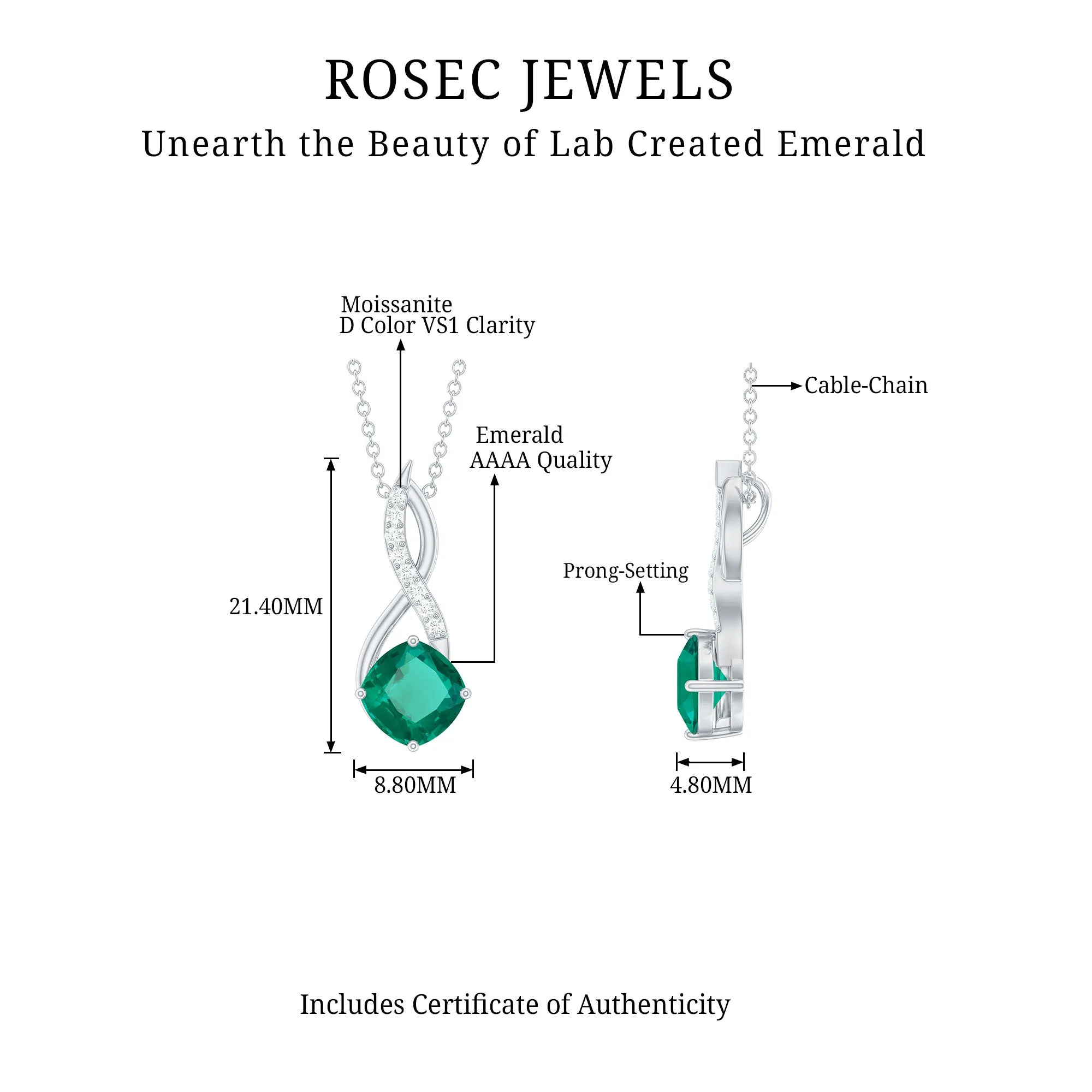 Cushion Cut Created Emerald Solitaire Silver Infinity Pendant with Moissanite