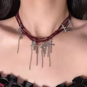 Dark Punk Multi-Layered Fringe Red Beaded Cross Collarbone Necklace