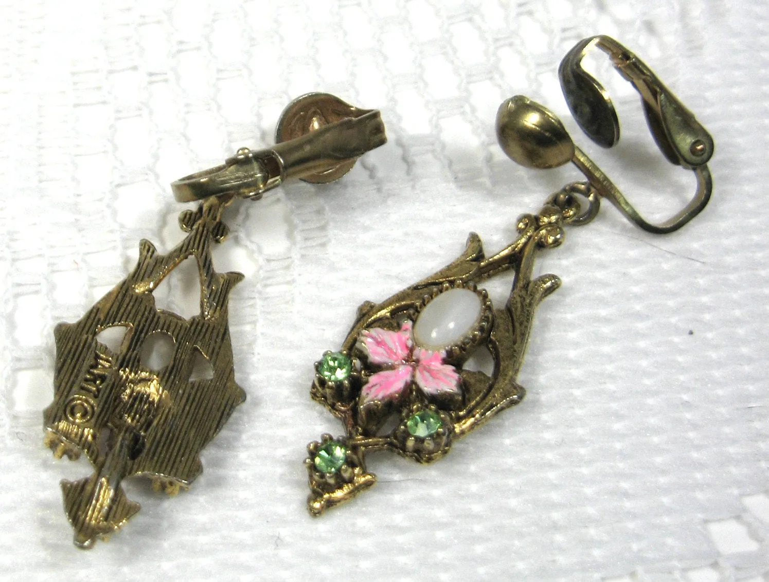 Earrings Enamel Leaves 1960s Green Rhinestones Faux Opal ART Dangles