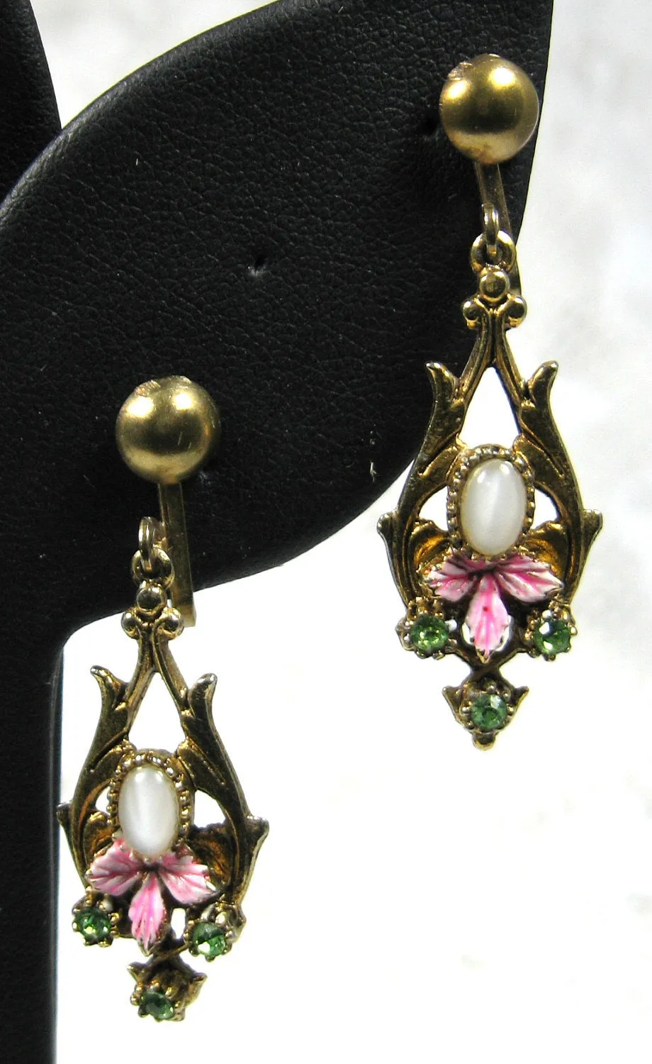 Earrings Enamel Leaves 1960s Green Rhinestones Faux Opal ART Dangles