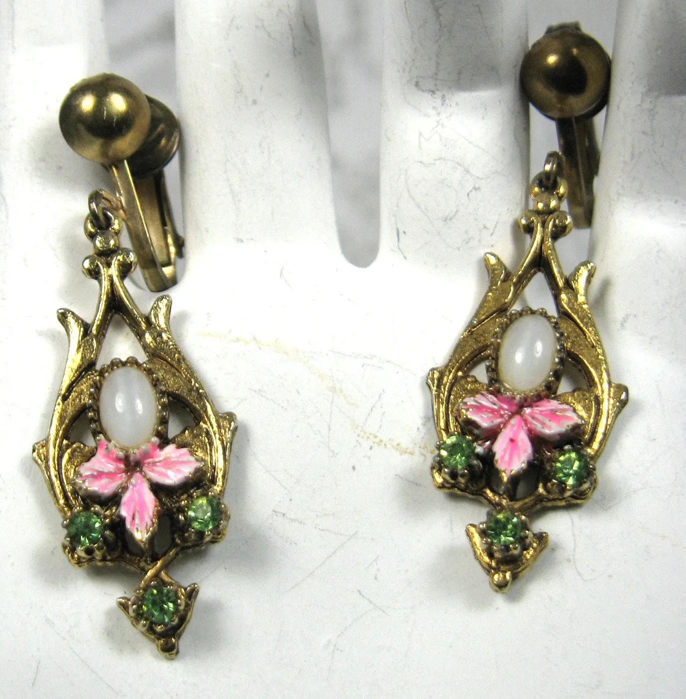 Earrings Enamel Leaves 1960s Green Rhinestones Faux Opal ART Dangles