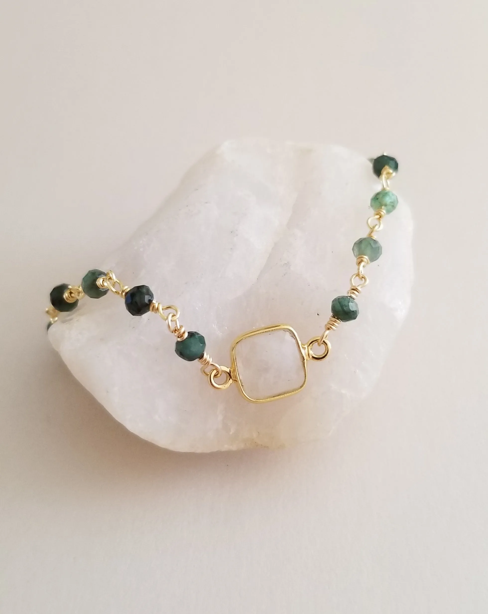 Emerald and Moonstone Bracelet, Dainty Beaded Gemstone Bracelet