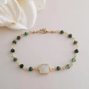 Emerald and Moonstone Bracelet, Dainty Beaded Gemstone Bracelet