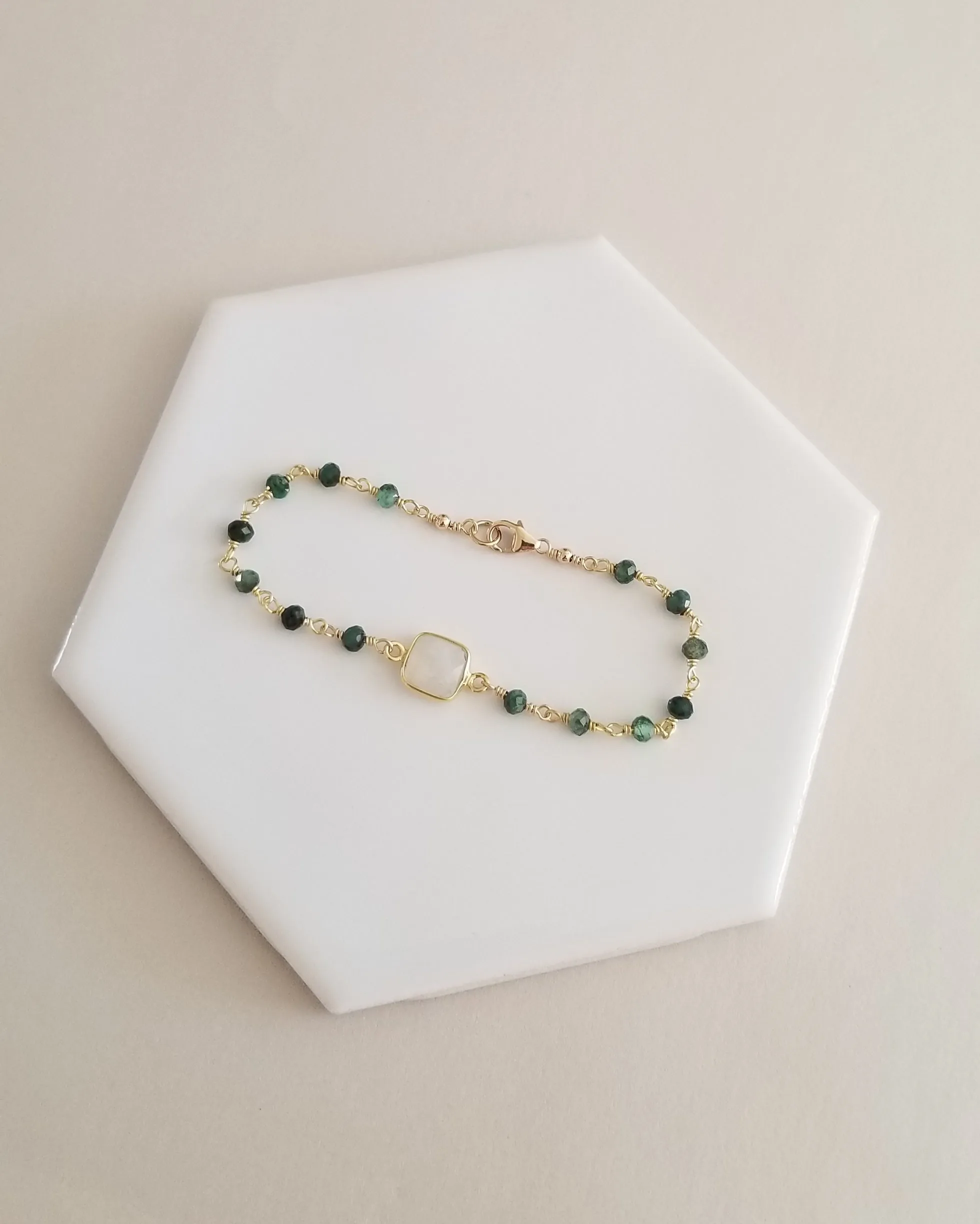 Emerald and Moonstone Bracelet, Dainty Beaded Gemstone Bracelet