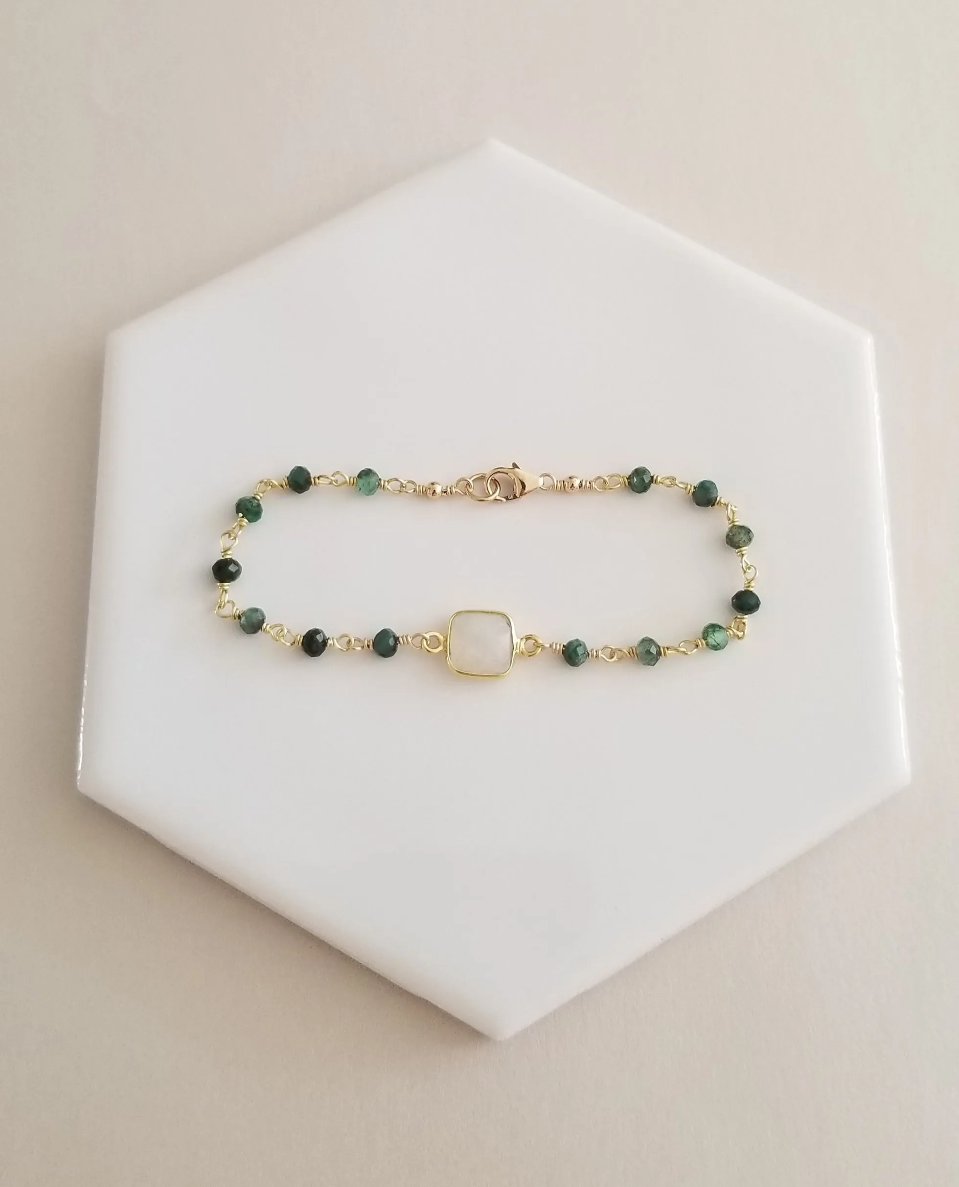 Emerald and Moonstone Bracelet, Dainty Beaded Gemstone Bracelet