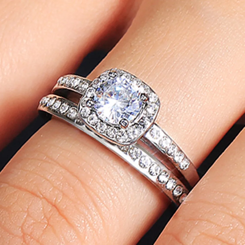 Engagement Jewelry Classic Straight Band Rings with Round Cut Zircon in Silver Color