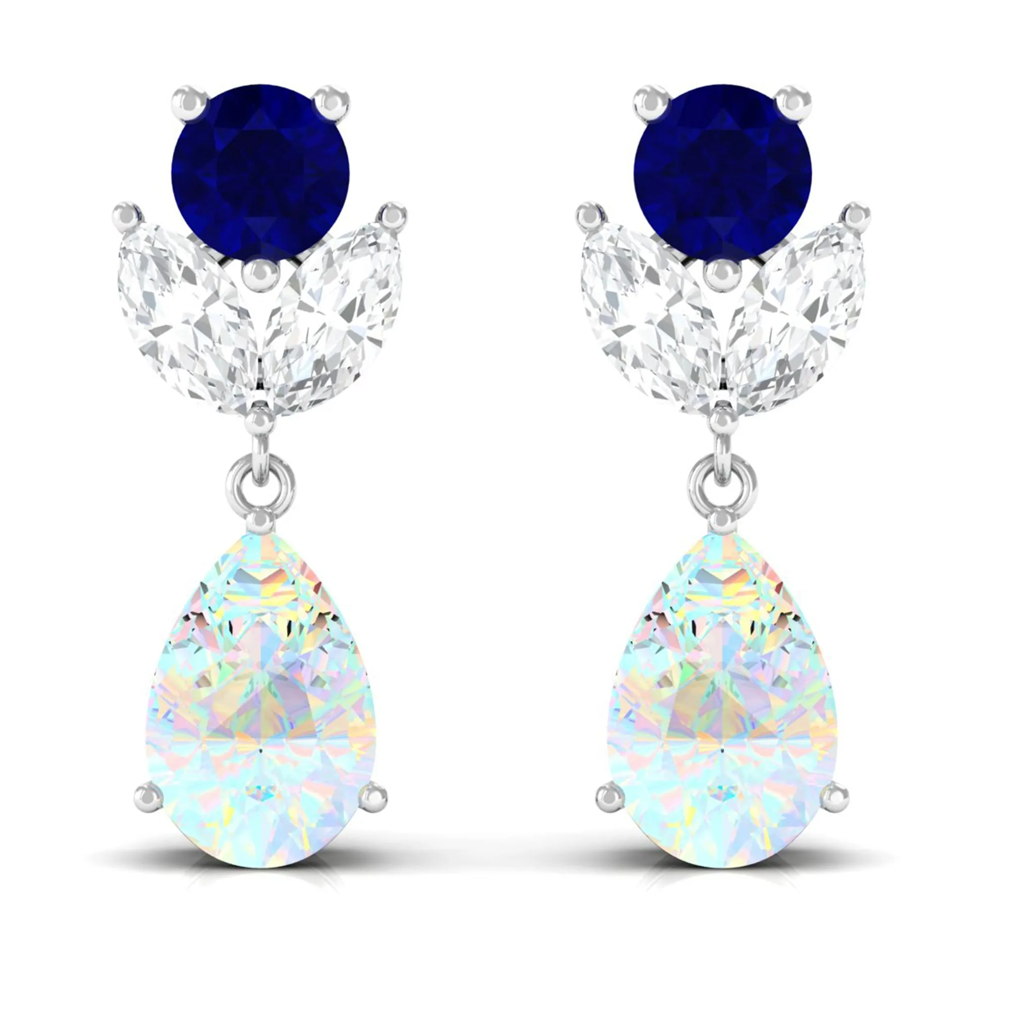 Ethiopian Opal and Blue Sapphire Cocktail Drop Earrings with Moissanite