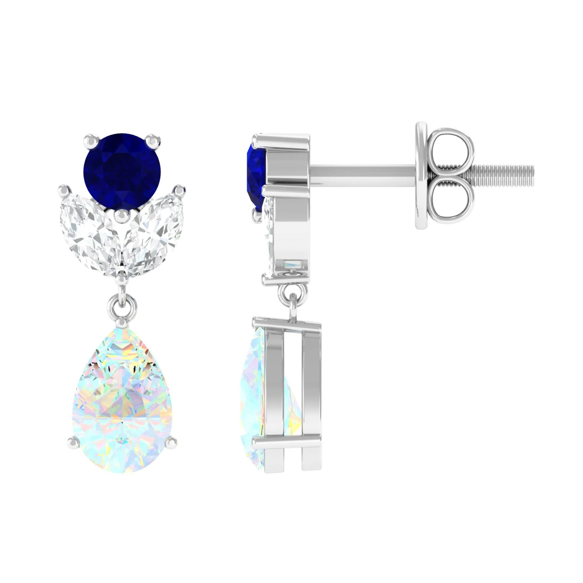 Ethiopian Opal and Blue Sapphire Cocktail Drop Earrings with Moissanite