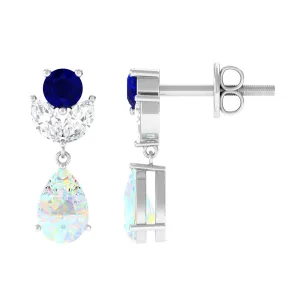 Ethiopian Opal and Blue Sapphire Cocktail Drop Earrings with Moissanite