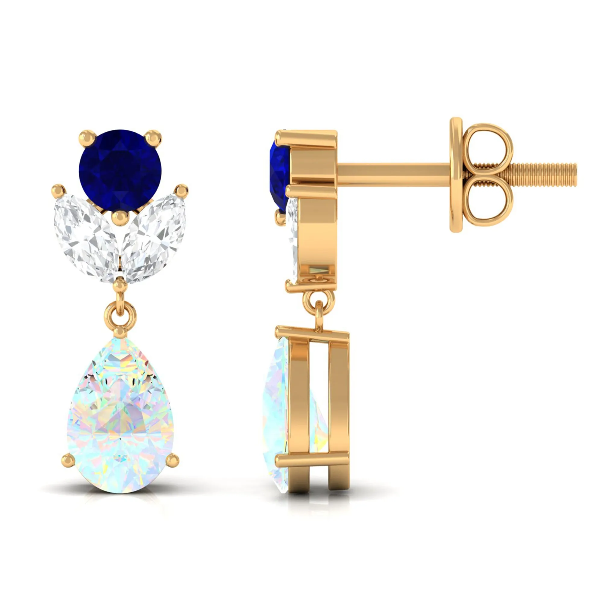 Ethiopian Opal and Blue Sapphire Cocktail Drop Earrings with Moissanite