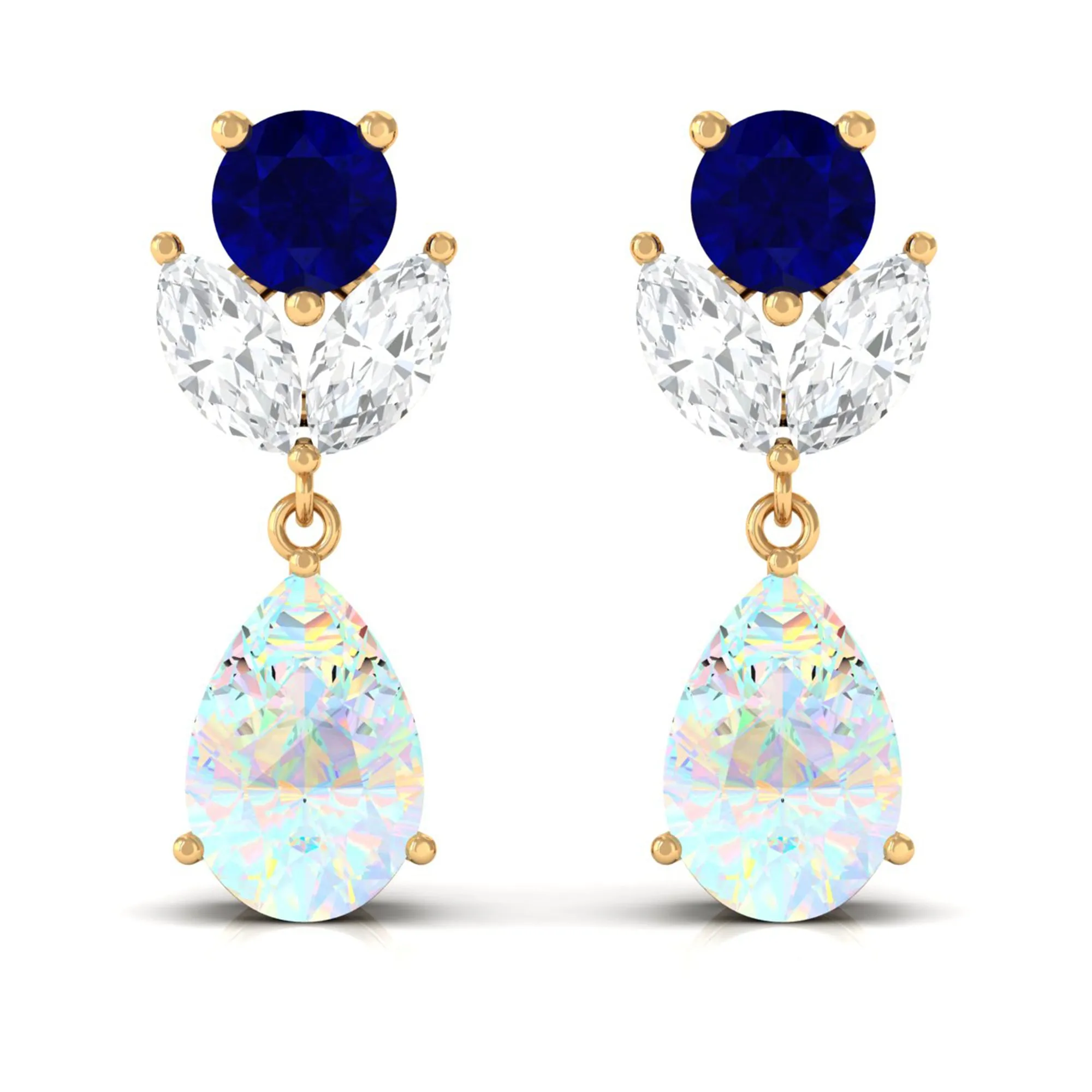 Ethiopian Opal and Blue Sapphire Cocktail Drop Earrings with Moissanite